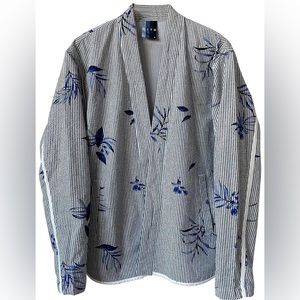 Blue Kimono Floral Print Seersucker Jacket Medium-NEW